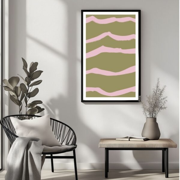 Abstract artwork featuring wavy lines in green and pink colors, framed and displayed on a wall.