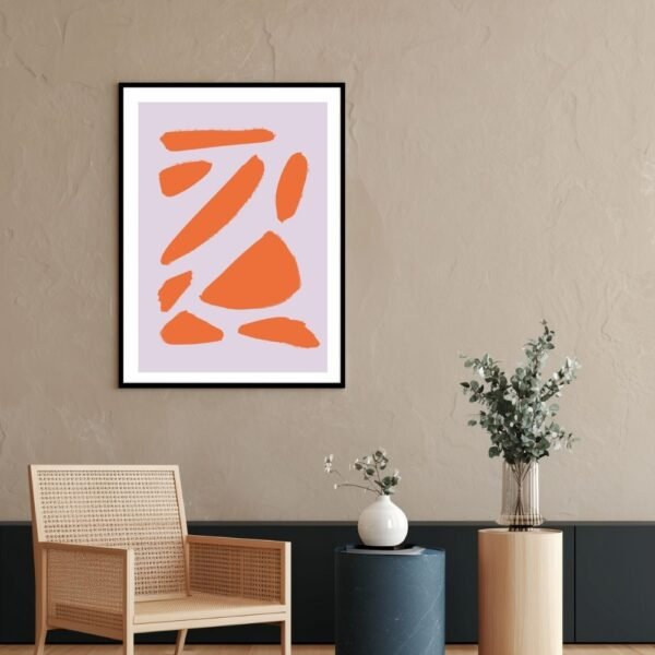 Framed abstract artwork featuring orange shapes on a light purple background.