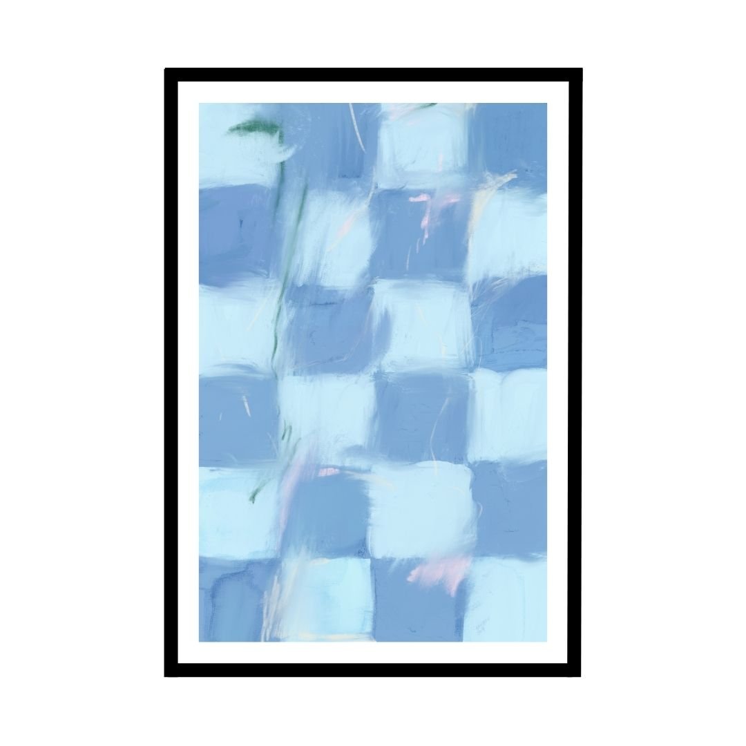 Textured blue checkered pattern with pastel hues, modern wall art print.