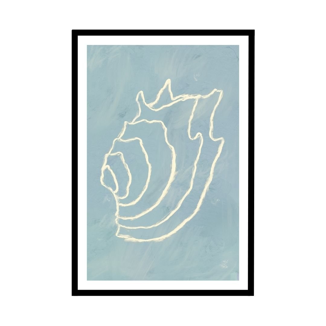 Delicate shell outline art print on a light blue background