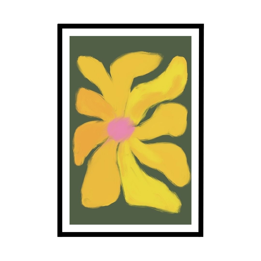 Bold yellow abstract flower art on a green background