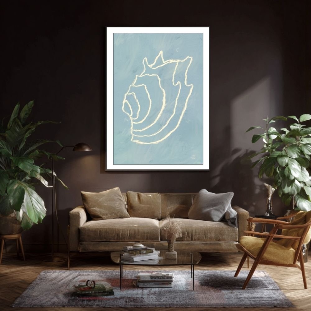 Size guide displaying various framed artwork dimensions from A4 to A1 next to a couch.