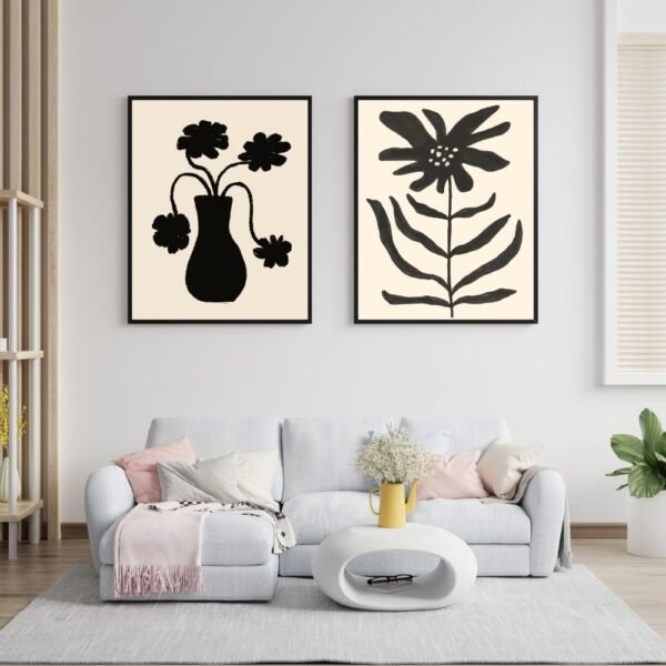 Minimalist black and white floral print with a single flower stem set of two