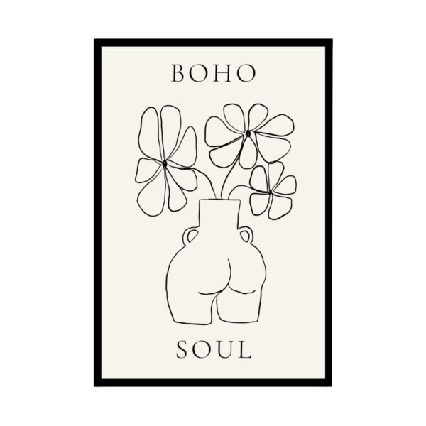 Boho soul vase with three flowers, minimalist line art poster for bohemian style home decor.