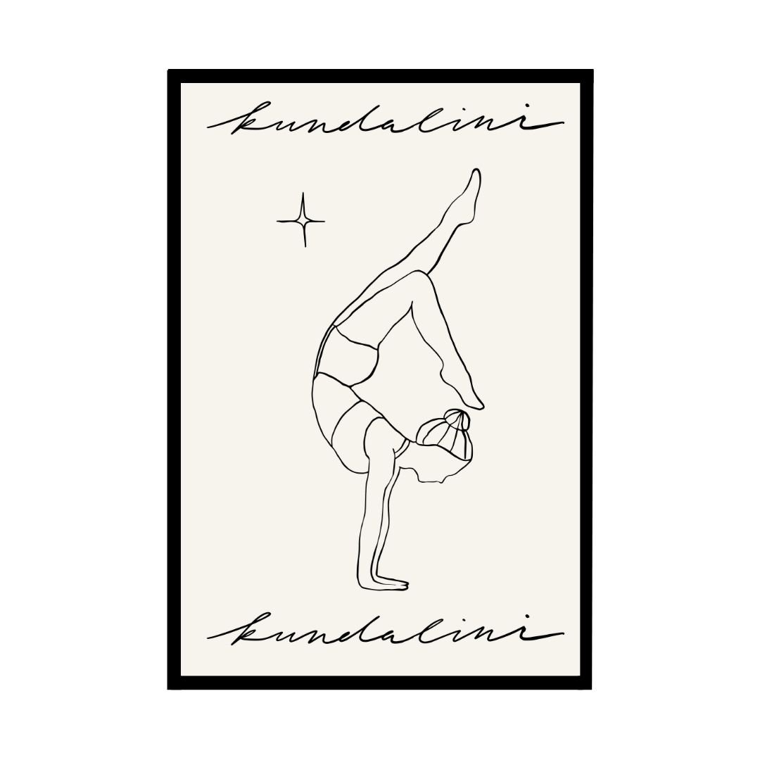Framed abstract artwork featuring a figure in a yoga pose with handwritten text.