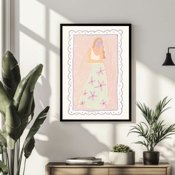 Framed illustration of a woman wearing a white top and a floral skirt, displayed on a wall.