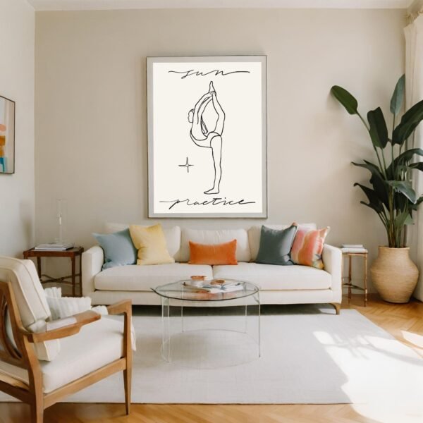 Line art illustration of a person in a yoga pose with the words 'fun' and 'practice'.
