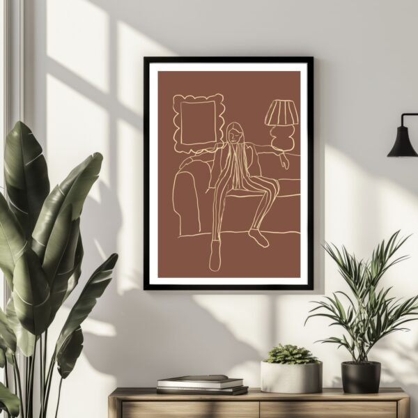 Line art illustration of a person sitting on a couch with a lamp and a framed picture in the background.