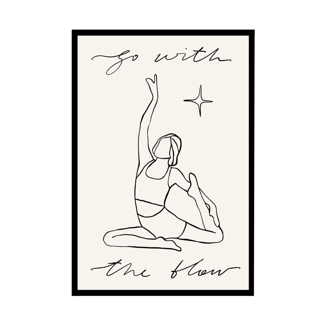 Minimalist line art of a yoga pose in motion, ideal for spaces promoting freedom and fluidity.