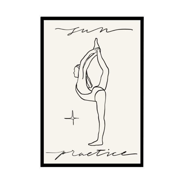 Line art illustration of a person in a yoga pose with the words 'fun' and 'practice'.