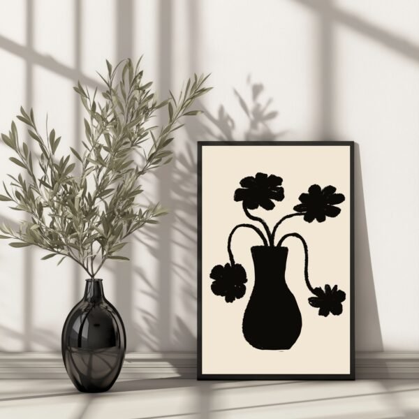 Black silhouette of a flower vase with flowers on a light background.