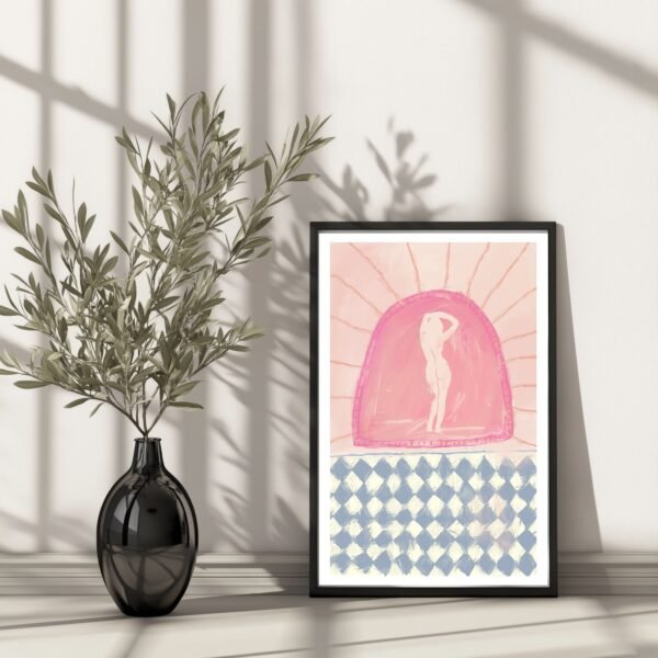 Framed artwork featuring a figure in an arch with a pink background and a checkered pattern below.