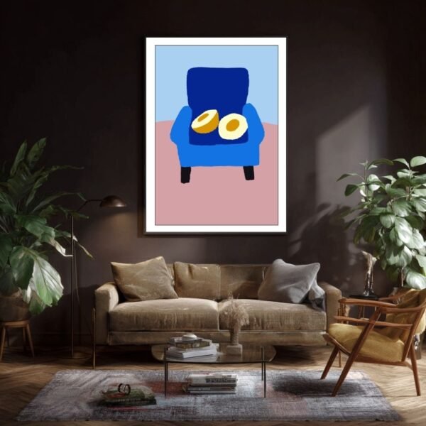 Quirky wall art featuring bagels resting on a blue chair, a playful and fun poster for home decor.