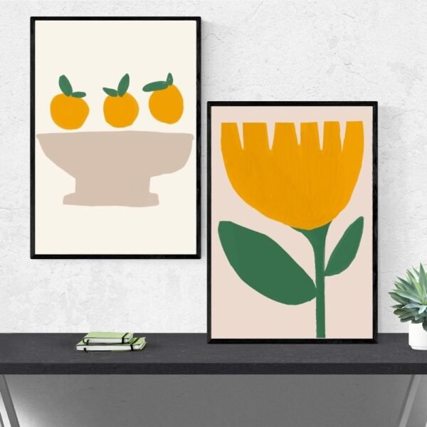 2 piece Art print featuring a yellow flower with green leaves and three oranges in a bowl.