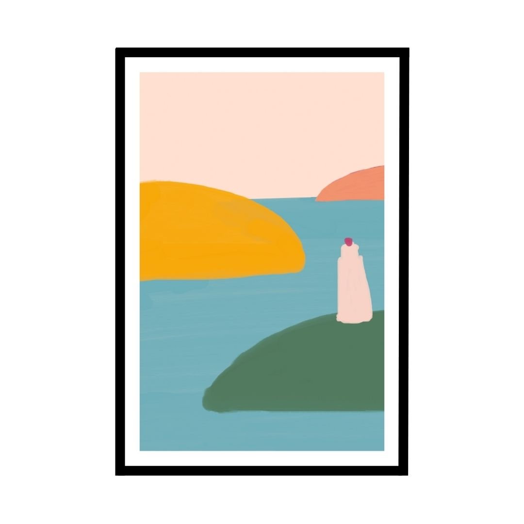Minimalist landscape art poster with colorful abstract hills and sea.