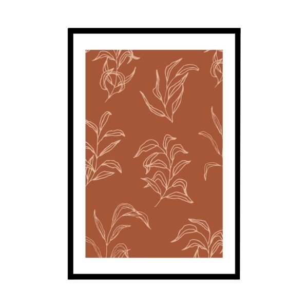 Monstera leaf artwork in white lines on an orange background.