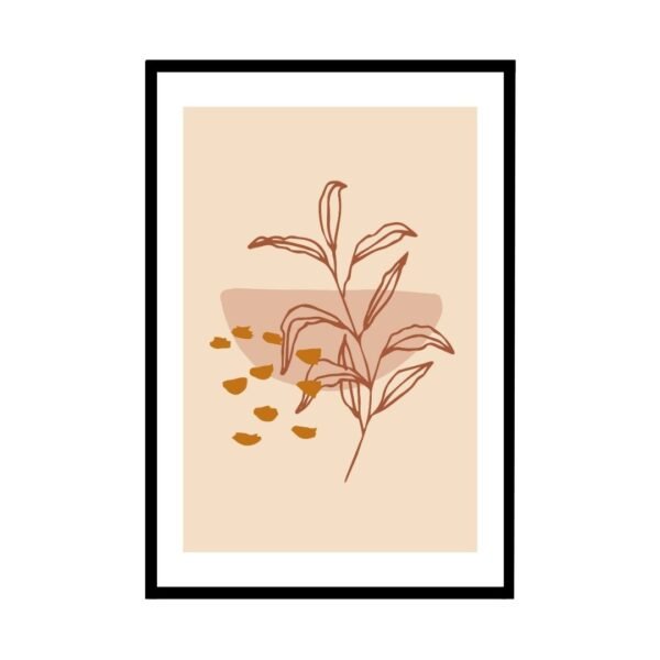 Neutral floral line drawing with warm golden hues for modern interiors.