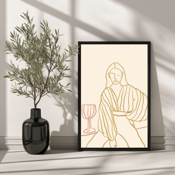 Minimalist line art of a woman with a wine glass.