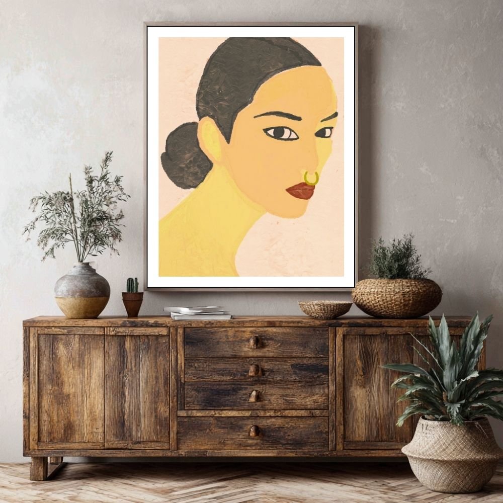 Portrait artwork featuring a woman with dark hair and a nose ring against a light background.