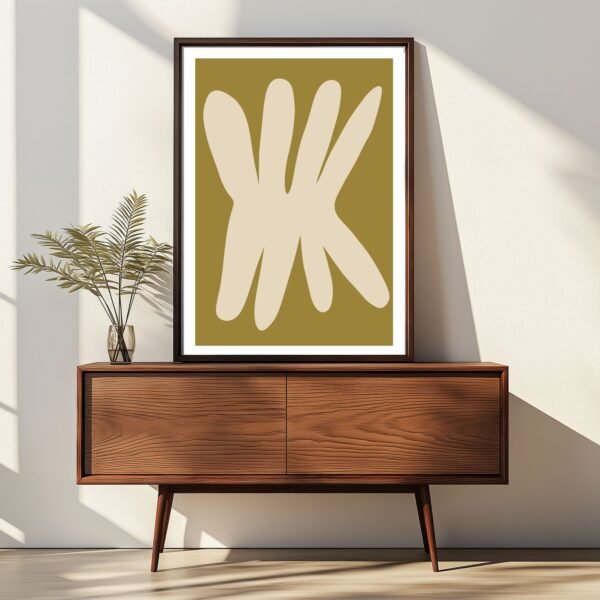 Abstract artwork featuring organic shapes in beige and brown tones displayed in a wooden frame.