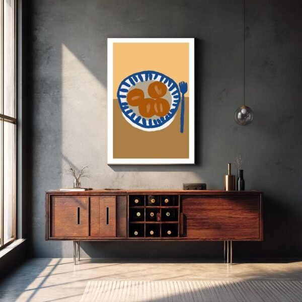 Modern kitchen artwork featuring fresh bread rolls in a blue and brown bowl, a stylish piece of wall decor.