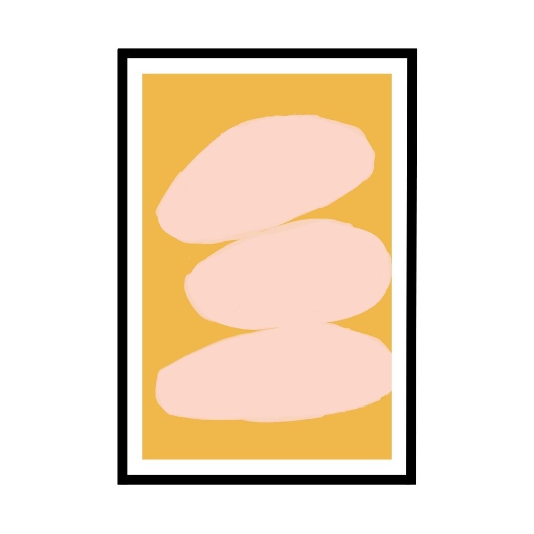 Soft pink geometric shapes on a yellow canvas, modern abstract art.