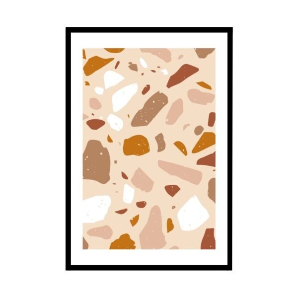 Abstract art print featuring a terrazzo design with various shapes in earthy tones.