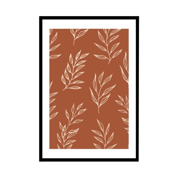 Terracotta leaf framed print with white outlines for organic modern decor.