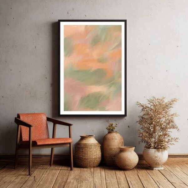 Framed abstract artwork featuring soft pastel colors displayed on a wall with decorative pots.