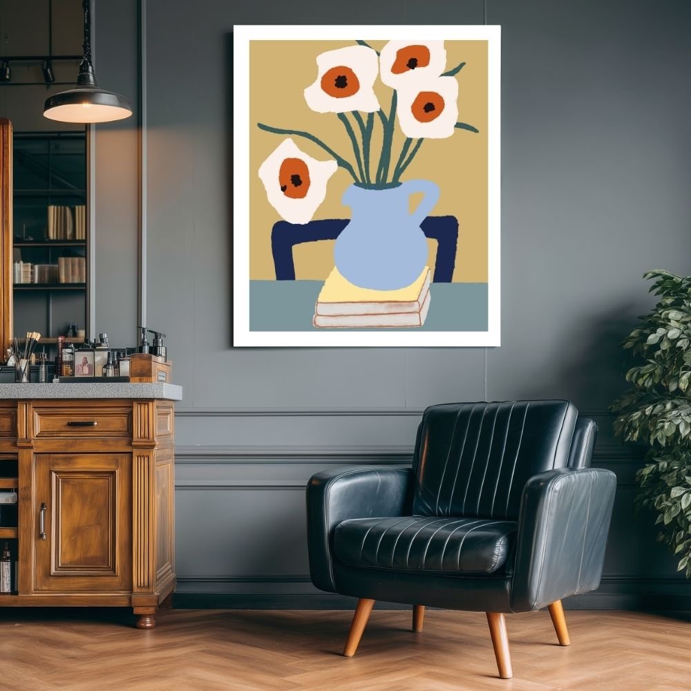 Charming wall art depicting flowers in a blue vase placed on stacked books, a stylish poster for home decor.