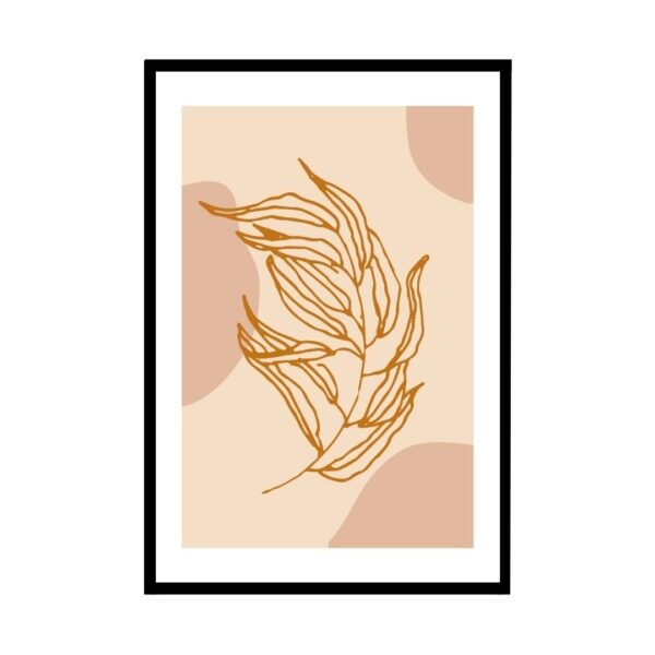 Elegant abstract leaf illustration in gold and brown tones hanging on a modern wall for stylish home decor