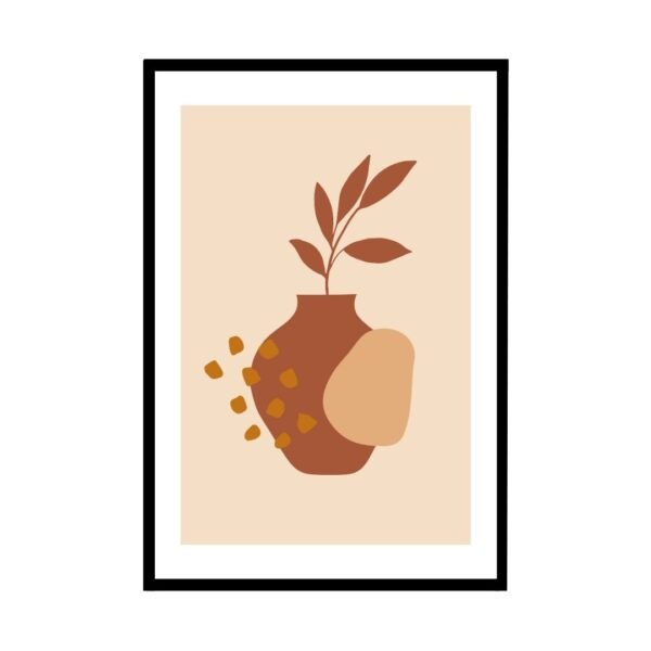 Abstract brown clay vase and foliage art for rustic home decor