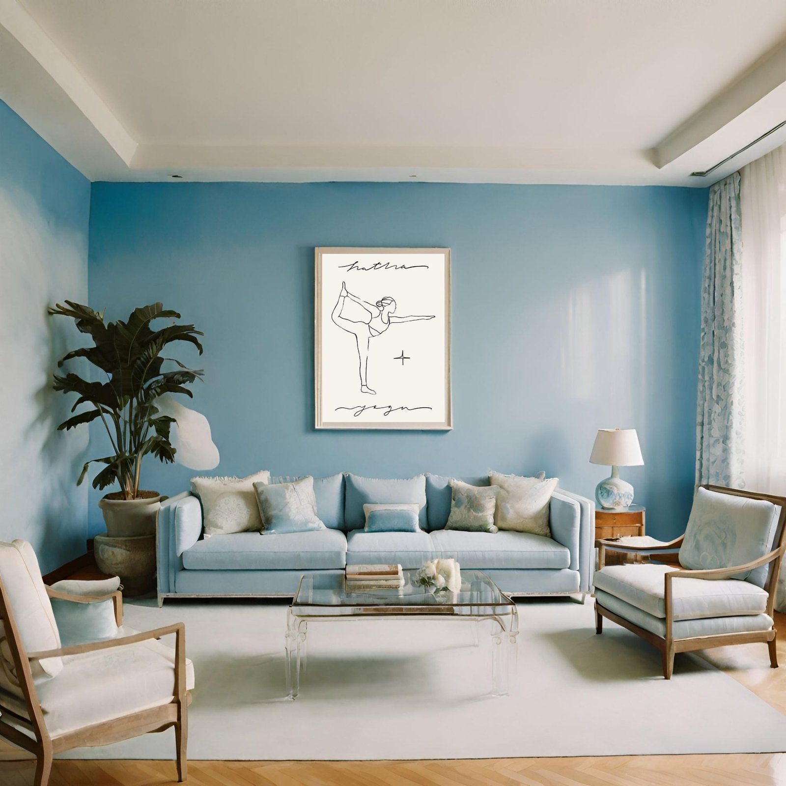 Framed line art depicting a dancer in a modern living room with blue walls and light furniture.