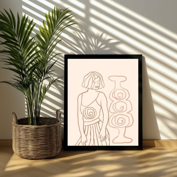Contemporary line drawing of a woman with a swirling design, minimalist decor piece.