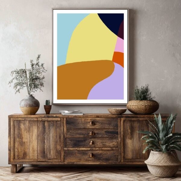 Abstract artwork with a mix of bold and soft coloured shapes, a vibrant poster to brighten up any room.
