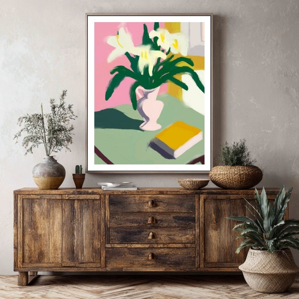 Elegant wall art featuring a vase of white flowers, a vibrant piece perfect for enhancing home decor.