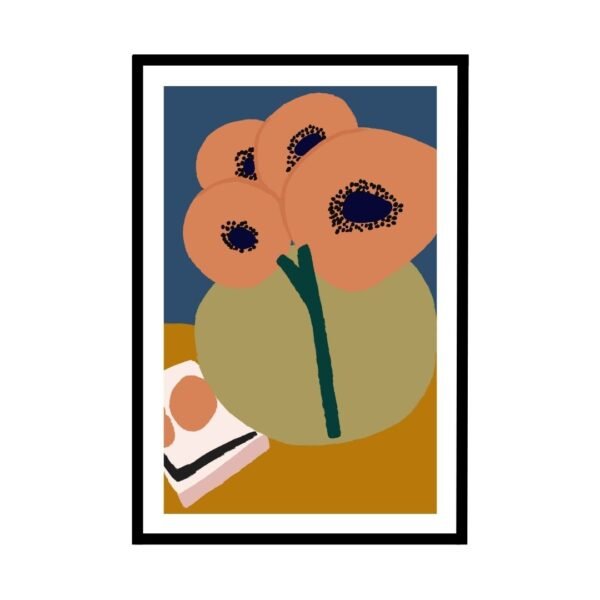 Colourful abstract floral artwork with orange flowers and blue backdrop, perfect for contemporary decor