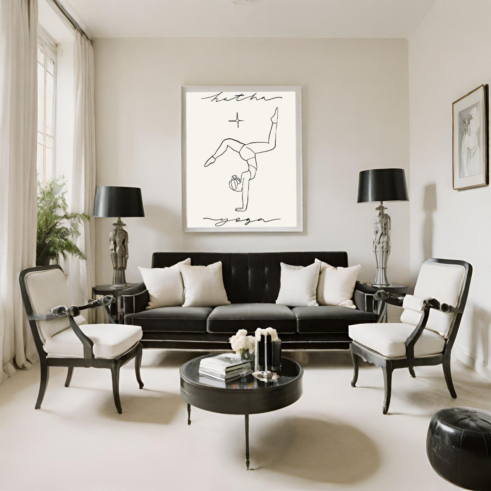 Line art illustration of a person performing a yoga pose displayed in a framed format.