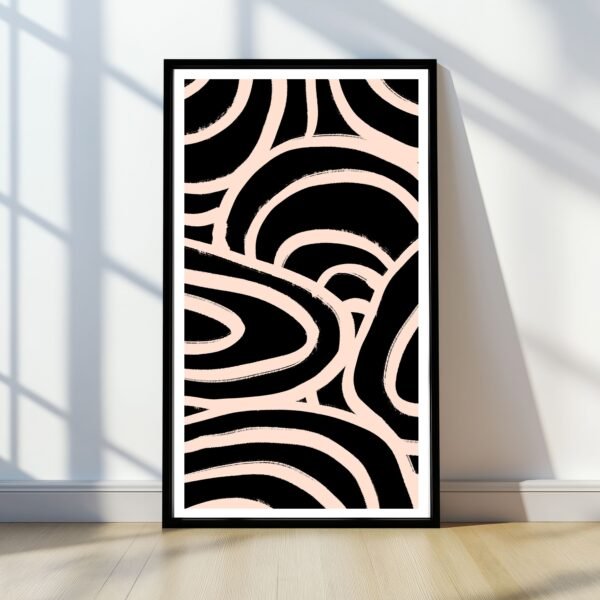 Framed abstract artwork featuring black and pink swirling patterns against a light background.