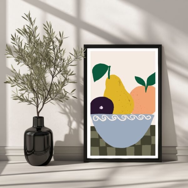 Artwork depicting a bowl of fruits including a pear, orange, and purple fruit on a patterned surface.