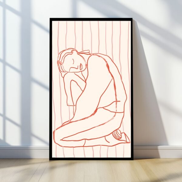 Serene abstract woman figure in a curled pose, modern art piece for relaxation.