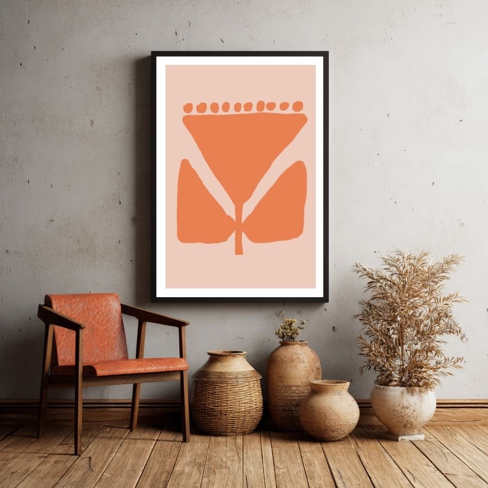 Abstract artwork featuring an orange flower design with a simple geometric style.