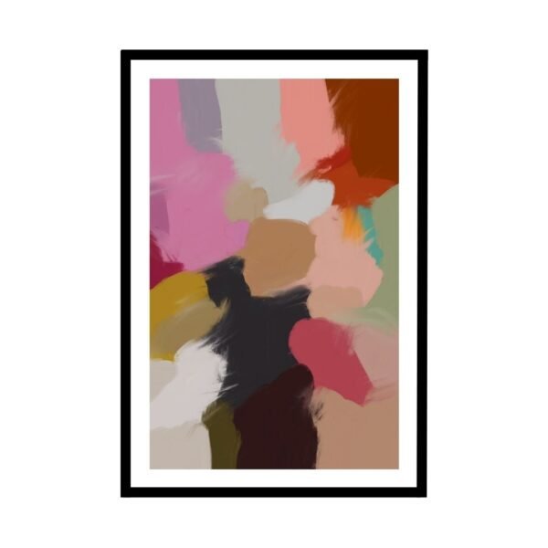 Vibrant abstract art with bold brushstrokes in pink, red, and earthy tones.
