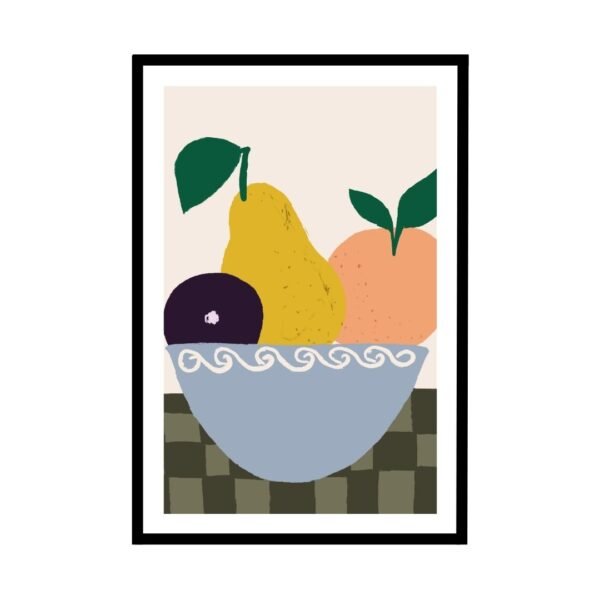 Colourful fruit bowl illustration with pear, plum, and orange on a checkered cloth. perfect for kitchen wall art posters
