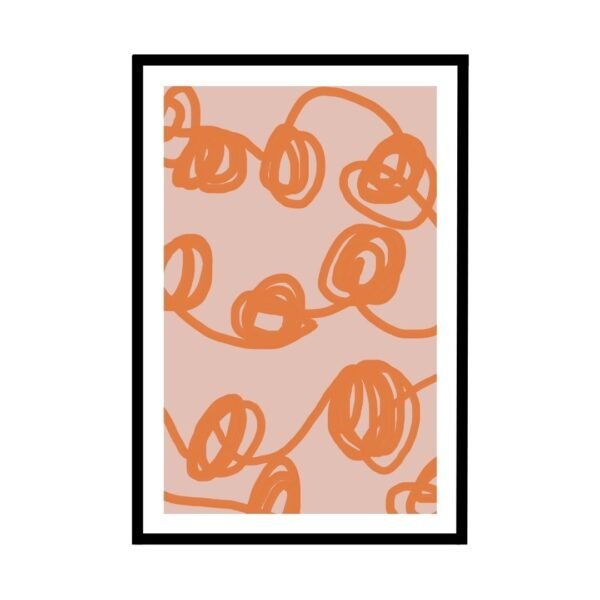 Abstract orange scribbles on a soft pink background, modern playful art.