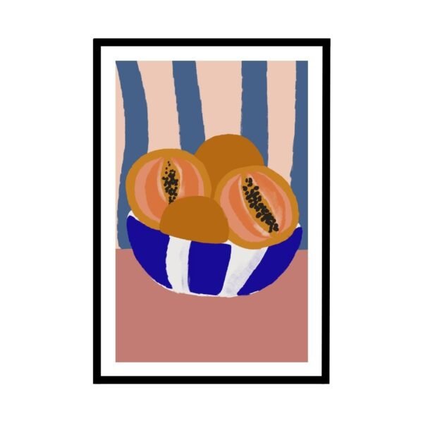 Papayas in a blue and white striped bowl with pink and blue background.
