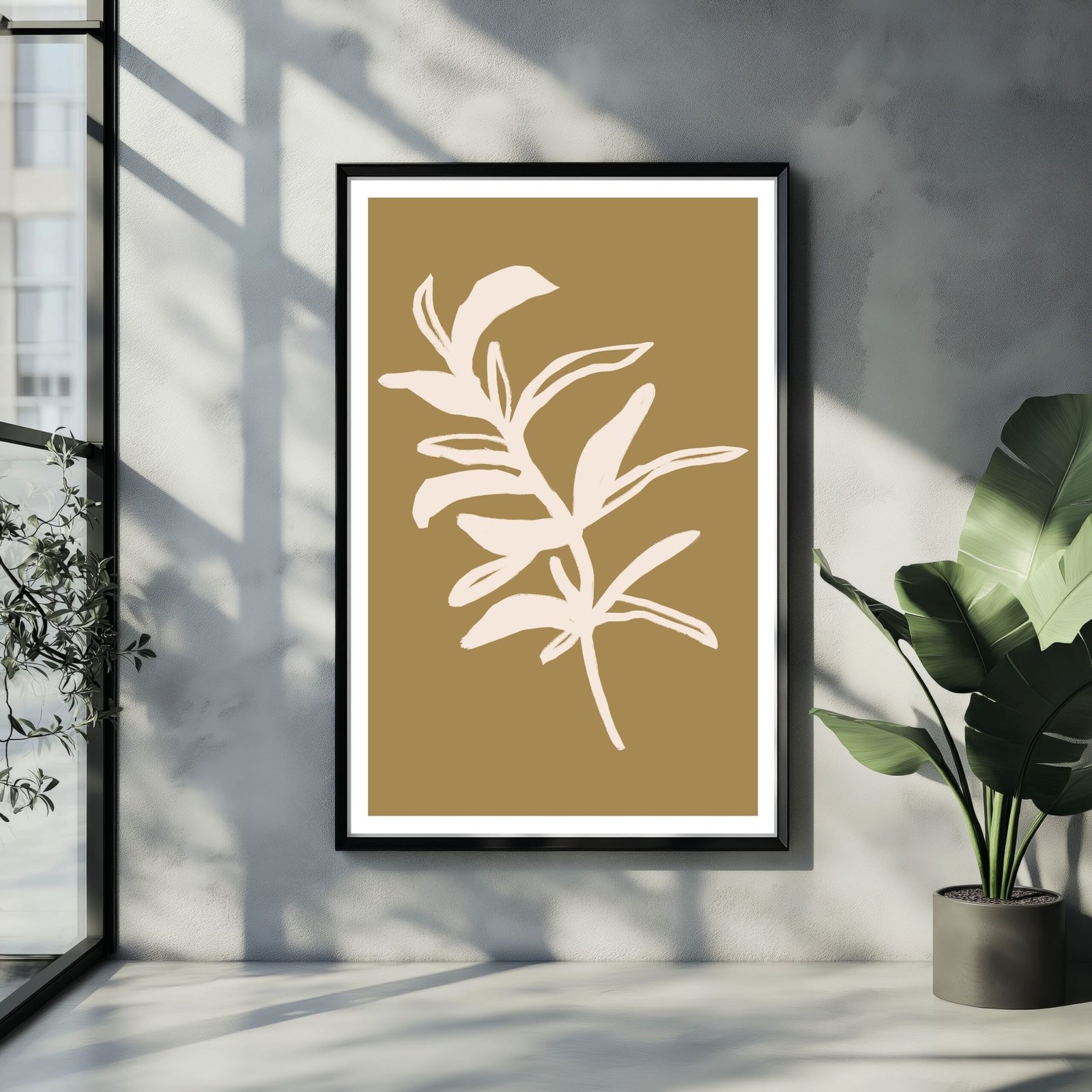 Framed botanical art print featuring a white plant illustration on a brown background.
