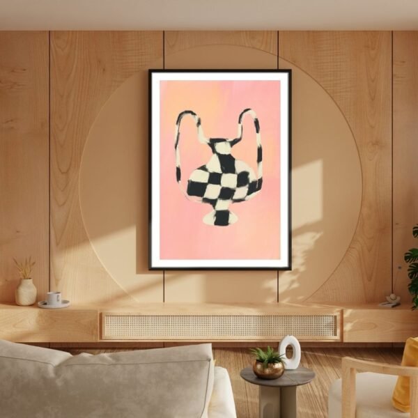 Abstract artwork featuring a checkered vase design on a pink background.