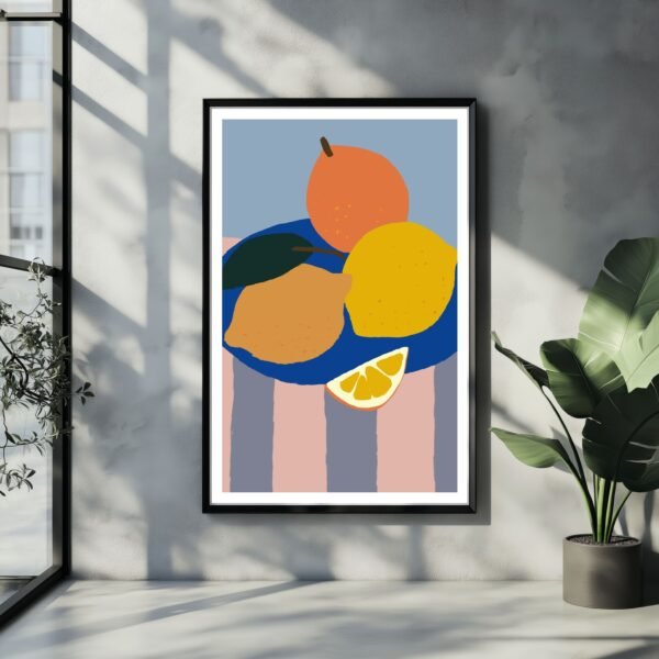 Colourful fruit artwork of lemons and oranges in a bowl, displayed as a poster on the wall of a minimalist modern home.