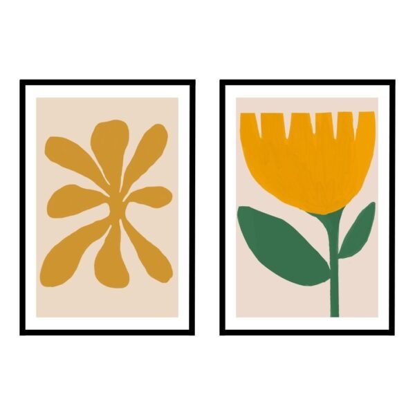 Two framed abstract floral art prints featuring a yellow flower and a stylized flower shape.